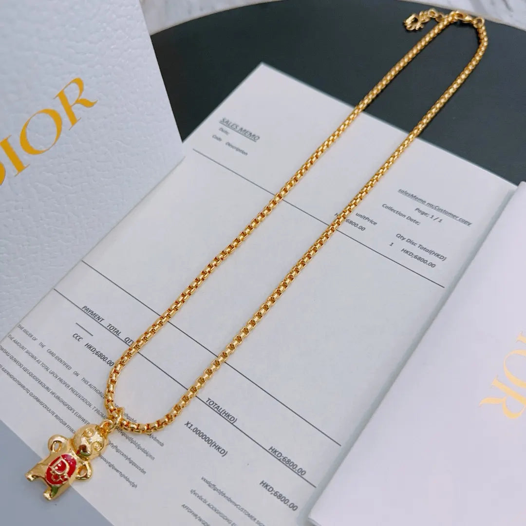 Dior Gold Teddy Bear Necklace - Enamel Heart Charm