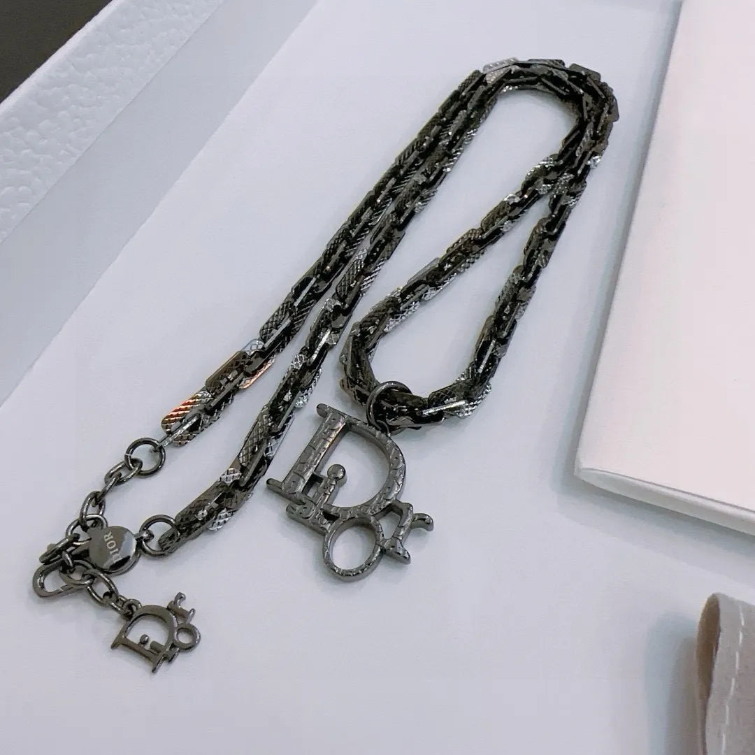 Dior Gunmetal Chain Link Necklace - Signature CD Logo