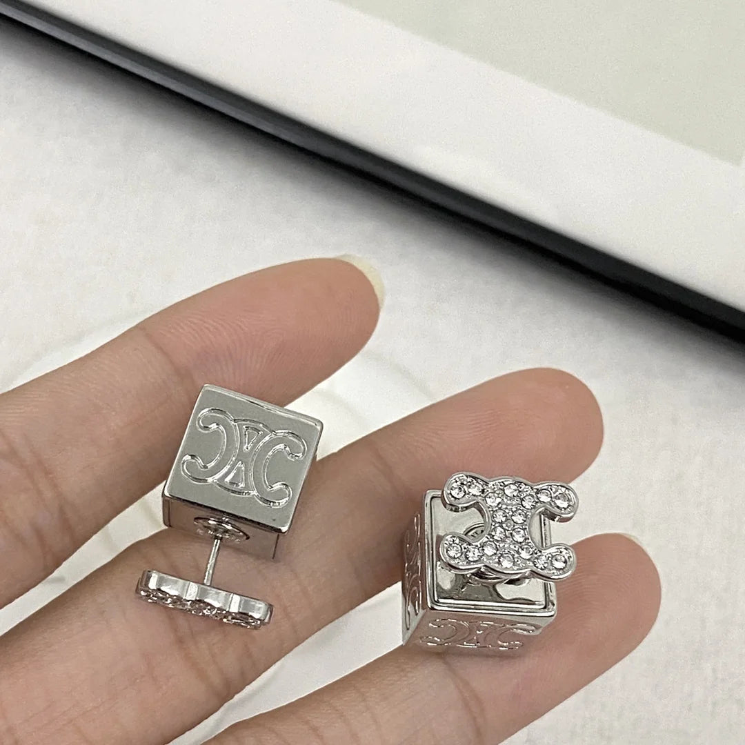 Celine Silver Triomphe Cube Studs - Designer Earrings